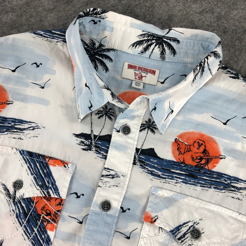 True Religion Mens Medium Button Up Shirt Tropical Beach Short Sleeve Palm Tree
